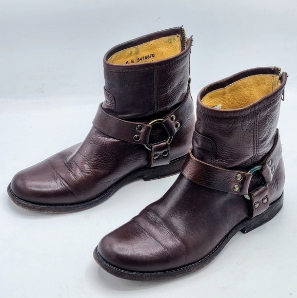 FRYE Phillip Harness Ankle Boots In Dark Brown Soft Vintage Leather Size 6 B - Picture 1 of 14